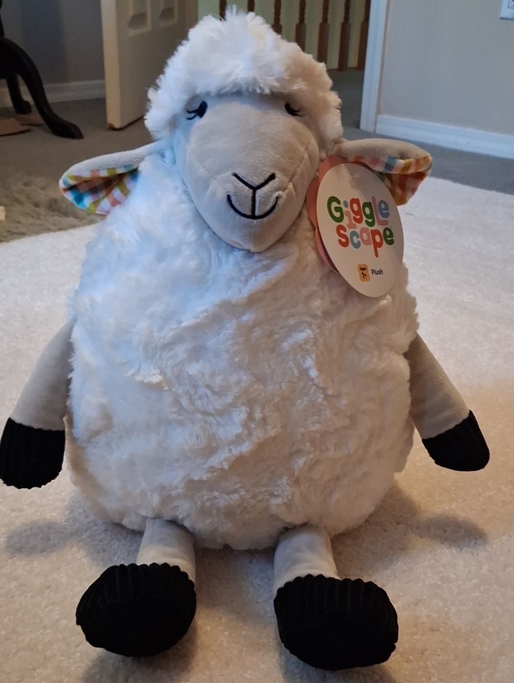 NWT Giggle Scape Plush White Lamb Stuffed Animal with Plaid Color Ears. Soft